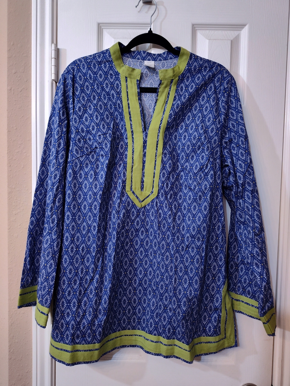 Blue Diamond Print Tunic with Lime Trim